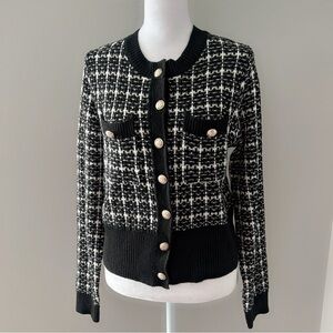 Chic Black White Tweed Knit Cardigan Button Front Pocket Sweater